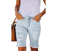 Ancapelion Women's Casual Denim Shorts Mid Waist Bermuda Jeans Shorts Raw Hem Ripped Hole Jeans with Pockets Indigo XXL