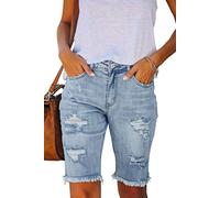 Ancapelion Women's Casual Denim Shorts Mid Waist Bermuda Jeans Shorts Raw Hem Ripped Hole Jeans with Pockets Light Blue L