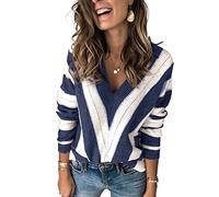ANCAPELION Women's Chunky Knit Pullover Casual Knitted Sweater Long Sleeve Jumper Colour Block Sweatshirt Elegant Jumper Crew Neck Loose Tops Autumn Winter Outwear for Women, D-blue, L