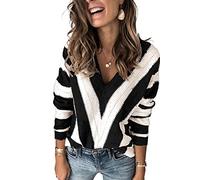 Ancapelion Women's Colour Block Black Striped Jumper Long Sleeve Chunky Sweater V Neck Hollow Out Knit Pullover Tops Knitwear for Ladies M
