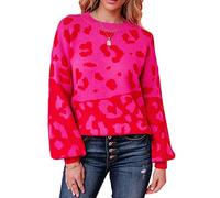 Ancapelion Women's Pink Leopard Jumper Long Sleeve Sweater Crew Neck Knit Pullover Tops Knitwear for Ladies S