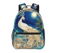 Anceky a beautiful white peacock with a colorful tail sits on the beach Backpack Travel Backpacks Laptop Rucksack Casual Daypack for Men Women