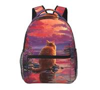Anceky a cat watching his reflection in the water lake there is full red moon Backpack Travel Backpacks Laptop Rucksack Casual Daypack for Men Women