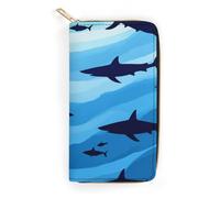 Anceky Adult Large Capacity Travel Leather Wallet Sharks Fish Pattern Sky Blue, Water Resistant Multi Card Slots, Portable Purse for Outdoor & Trip Essentials