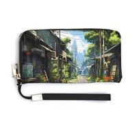 Anceky Anime Abandoned Town Women Long Wallet PU Leather Wristlet with Wristlet Thin Wallet with Zipper Large Capacity Pocket Card Holder 7.9" X 4.1"