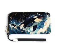 Anceky Blue Ocean Orca Women Long Wallet PU Leather Wristlet with Wristlet Thin Wallet with Zipper Large Capacity Pocket Card Holder 7.9" X 4.1"