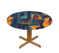Anceky Cello Violin Round Fitted Tablecloth with Elastic Edge, Colorful Music Stretchable Table Cover for 45-50 Inch Tables Waterproof Protector for Indoor Outdoor Dining Party