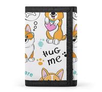 Anceky Cute Corgi Dogs Bones Hello Hug Me Sweet on White Trifold Wallet, Stylish Purse with Keychain, Credit Pass Case Card-Holder for Crash Bills Receipts Women Men 5 x 3.3 x 0.2 Inch