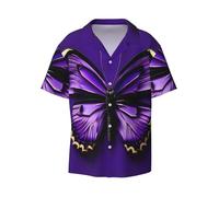 Anceky Cute Purple Butterfly Printing Men's Beach Shirt Short Sleeves with Button Summer Cuban Shirt Hawaiian Shirt for Vacation