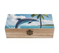 Anceky Dolphins And Palm Trees Wooden Storage Box Keepsake Box with Lid And Front Clasp Dust-Proof Jewelry Boxes Vintage Treasure Chest Decorative Boxes for Women Men Home Decor