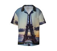 Anceky Eiffel Tower Printing Men's Beach Shirt Short Sleeves with Button Summer Cuban Shirt Hawaiian Shirt for Vacation