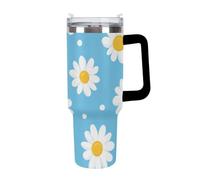 Anceky Fashion Insulated Cup, Stainless Steel Vacuum with Straw, Light Blue Floral Daisy Flower Dots Travel Coffee Tumbler Car Mug for Women Men