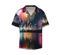 Anceky Fireworks Printing Men's Beach Shirt Short Sleeves with Button Summer Cuban Shirt Hawaiian Shirt for Vacation