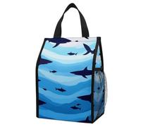 Anceky Foldable Insulated Lunch Box, Sharks Fish Pattern Sky Blue, Portable Leak-Proof Thermal Cooler with Side Pockets for Commute & Outdoor