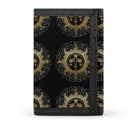 Anceky Hand Drawn Gold Golden Face of The Sun Stars on Black Dark Trifold Wallet, Stylish Purse with Keychain, Credit Pass Case Card-Holder for Crash Bills Receipts Women Men 5 x 3.3 x 0.2 Inch