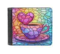 Anceky Heart Cofffee Cup Stained Glass Style Soft PU Leather Bifold Wallet, Coin Purse Credit Pass Case, Durable Card-Holder Slim Billfold for Men Woman Money Storage