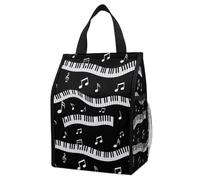 Anceky Insulated Food Storage Bag with Pockets, Piano Keys with Musical Notes, Leak-Proof Foldable Thermal Cooler for Work, Picnics