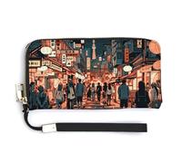 Anceky Japanese Street Nightlife Wristlet Wallet for Women Leather Zipper Wallet Large Capacity Phone Credit Card Holder Ladies Cluth Long Purse for Travel
