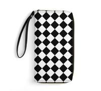 Anceky Leather Wallets Large Capacity Card Case, Clutch Wallets Zipper, Ideal for Credit Cards, Black and White Diagonal Chess Board Checkered