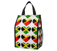 Anceky Lightweight Insulated Lunch Bag, Jamaican Flag Rasta Reggae Love Hearts Black, Waterproof Foldable Thermal Carrier with Mesh Pockets for Snacks & Drinks