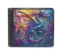 Anceky Majestic Blue Dragon Stained Glass Soft PU Leather Bifold Wallet, Coin Purse Credit Pass Case, Durable Card-Holder Slim Billfold for Men Woman Money Storage