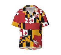 Anceky Maryland Flag Printing Men's Beach Shirt Short Sleeves with Button Summer Cuban Shirt Hawaiian Shirt for Vacation