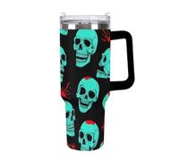 Anceky Men's Insulated Cup, Large Stainless Steel Ice Cup, Portable Travel Car Mug with Straw for Home Office Halloween Cool Red Blood Zombie Skull