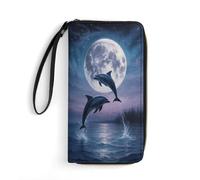 Anceky Moonlit Dolphins Leaping Leather Wallet for Women with Wrist Strap Ladies Clutch Purses for Coin Smart Phone