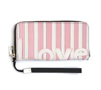 Anceky Pink White Striped Pattern with The Word Love PU Leather Clutch Long Bifold Wallet, Coin Purse Credit Pass Case, Durable Card-Holder Money Storage for Women Men