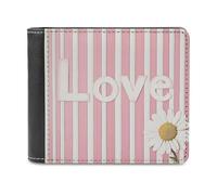 Anceky Pink White Striped Pattern with The Word Love Soft PU Leather Bifold Wallet, Coin Purse Credit Pass Case, Durable Card-Holder Slim Billfold for Men Woman Money Storage