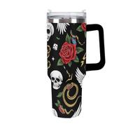 Anceky Portable Travel Ice Cup, Fashion Tumbler Car Mug, Insulated Stainless Steel Vacuum Cup with Straw for Home Office Cool Rock Wild Eagle Red Rose Skull Floral