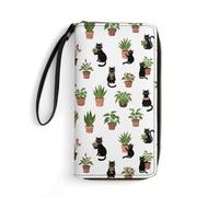 Anceky PU Leather Large Capacity Zipper Wristlet, Portable Rope Wallets, Perfect for Women, Funny Black Cat Plant Garden