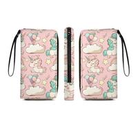 Anceky PU Leather Long Wallet, Waterproof Zipper Credit Card Holder Clouds Rainbow Stars Magic Cute Unicorns Pink Compact Card Organizer with Multiple Slots