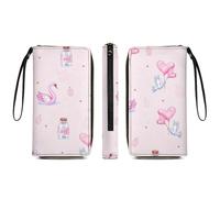 Anceky PU Leather Wallet for Women, Waterproof Card Holder Organizer Wallet Love Heart Balloons Cupcakes Swans Pink Travel Long Zipper Clutch Purse