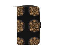 Anceky PU Leather Wallet, Women Soft Clutch Holder Purse Zipper Card Case for Credit Crash Coin Bills Money 7.8x4.3x1.4 in Print Polynesian Golden Sea Turtle Tattoo on Black Toned Maori Style