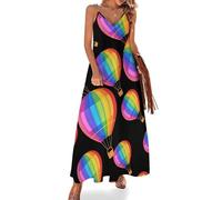 Anceky Rainbow Hot Air Balloon Gay Pride Women's Long Dress V Neck Maxi Dress Spaghetti Straps Sundress Casual Beach Dress