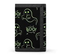 Anceky Seamless Green Halloween Funny Ghosts on Black Trifold Wallet, Stylish Purse with Keychain, Credit Pass Case Card-Holder for Crash Bills Receipts Women Men 5 x 3.3 x 0.2 Inch