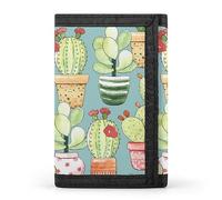 Anceky Seamless Pattern of Green Cacti Cactus with Flowers in Pots Trifold Wallet, Stylish Purse with Keychain, Credit Pass Case Card-Holder for Crash Bills Receipts Women Men 5 x 3.3 x 0.2 Inch