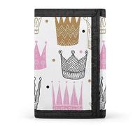 Anceky Seamless Pink Gold Black Style Princess Crowns on White Trifold Wallet, Stylish Purse with Keychain, Credit Pass Case Card-Holder for Crash Bills Receipts Women Men 5 x 3.3 x 0.2 Inch