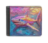 Anceky Shark Stained Glass Soft PU Leather Bifold Wallet, Coin Purse Credit Pass Case, Durable Card-Holder Slim Billfold for Men Woman Money Storage