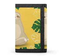 Anceky Sloth Meditates with Tropical Leaves Flowers on Yellow Trifold Wallet, Stylish Purse with Keychain, Credit Pass Case Card-Holder for Crash Bills Receipts Women Men 5 x 3.3 x 0.2 Inch