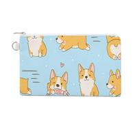 Anceky Soft Clutch Wallet, Women Handbag Canvas Zipper Makeup Bag Holder Purse for Credit Coin Bills Crash 7.4x4.6 in Print Playful Corgi Dogs in Various Poses Heart on Turquoise