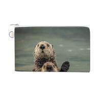 Anceky Soft Clutch Wallet, Women Handbag Canvas Zipper Makeup Bag Holder Purse for Credit Coin Bills Crash 7.4x4.6 in Print Cute Mother Sea Otter Hug in The Water in Kodiak, Alaska