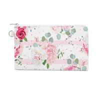 Anceky Soft Clutch Wallet, Women Handbag Canvas Zipper Makeup Bag Holder Purse for Credit Coin Bills Crash 7.4x4.6 in Print French Red Pink Roses White Peonies Eucalyptus Leaves Floral Print