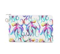 Anceky Soft Clutch Wallet, Women Handbag Canvas Zipper Makeup Bag Holder Purse for Credit Coin Bills Crash 7.4x4.6 in Print Colorful Watercolor Dancing Octopus Kraken with Tentacles on White
