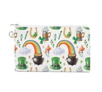 Anceky Soft Clutch Wallet, Women Handbag Canvas Zipper Makeup Bag Holder Purse for Credit Coin Bills Crash 7.4x4.6 in Print St. Patrick's Shamrock Leprechaun Hat, Pot of Gold, Rainbow on White