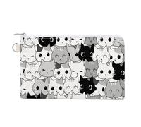 Anceky Soft Clutch Wallet, Women Handbag Canvas Zipper Makeup Bag Holder Purse for Credit Coin Bills Crash 7.4x4.6 in Print Seamless Black White Grey Doodle Cat Kitten Heads Animal Pets Texture