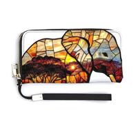 Anceky Stained Glass African Elephants PU Leather Clutch Long Bifold Wallet, Coin Purse Credit Pass Case, Durable Card-Holder Money Storage for Women Men