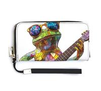 Anceky Stained Glass Frog Playing Guitar PU Leather Clutch Long Bifold Wallet, Coin Purse Credit Pass Case, Durable Card-Holder Money Storage for Women Men