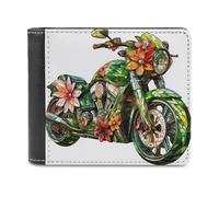 Anceky Stained Glass Green Motorcycle with Flowers Soft PU Leather Bifold Wallet, Coin Purse Credit Pass Case, Durable Card-Holder Slim Billfold for Men Woman Money Storage